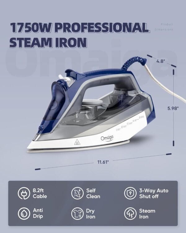 Steam Iron for clothes - 1750W Clothes Iron with Non-Stick Ceramic Soleplate, Powful Steam, 3-Way Auto-Off, Self-Cleaning, Anti-Calc, 13.52oz Water Tank Ironing Clothes for Home