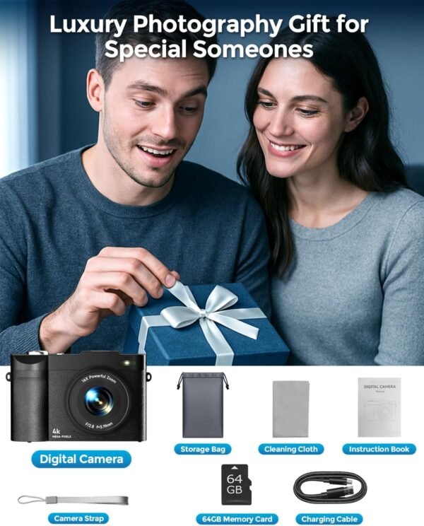 4K Digital Camera for Photography- 50MP Autofocus Vlogging Camera with 2.8" 180° Flip Screen, 16X Digital Zoom- Compact Point and Shoot Camera with 64GB SD for YouTube, Travel, Beginners