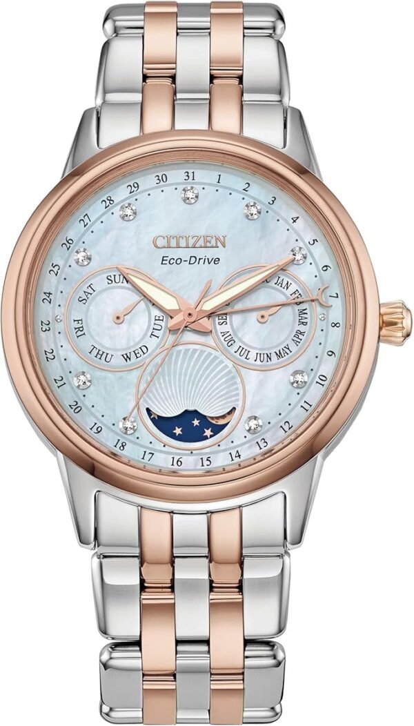 Citizen Women's Eco-Drive Calendrier, Moon Phase Diamond Accents Dial, Stainless Case and Bracelet Watch, Month/Day/Date