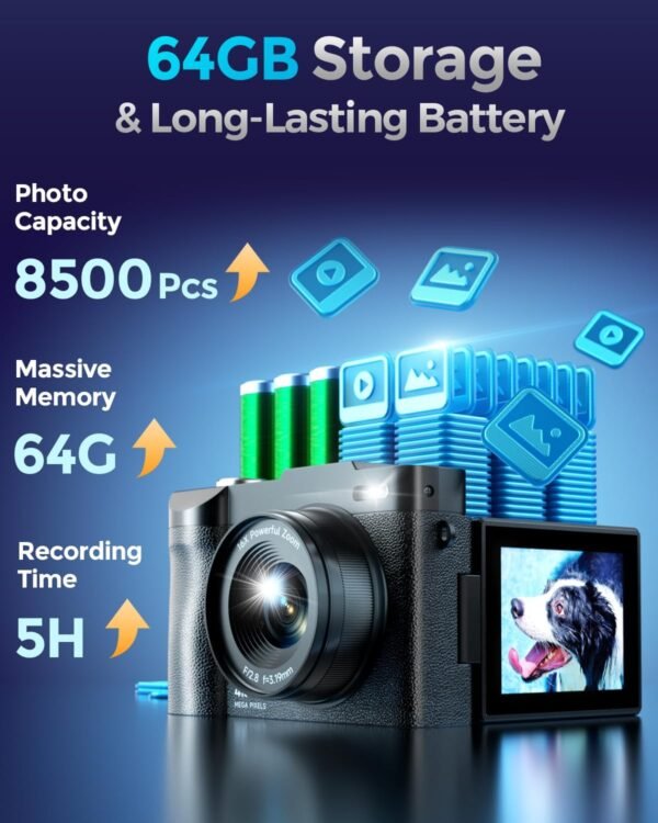 4K Digital Camera for Photography- 50MP Autofocus Vlogging Camera with 2.8" 180° Flip Screen, 16X Digital Zoom- Compact Point and Shoot Camera with 64GB SD for YouTube, Travel, Beginners