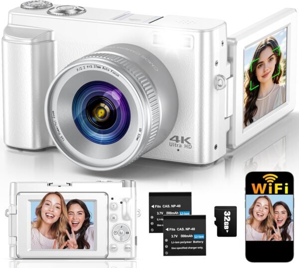 4K Digital Camera for Photography Autofocus, Upgraded 64MP WiFi Vlogging Camera for YouTube with 3" 180° Flip Screen, 16X Zoom, Compact Travel Cameras for Beginners with 32GB Card, 2 Batteries, Black