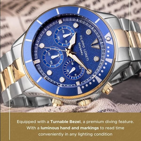FILIPPO LORETI Odyssey - Wrist Watch Two Tone Gold Blue Dial Stainless Steel Link Bracelet 42 mm Wrist Watch for Men 100m Water Resistant Stainless Steel Case Japan Movement