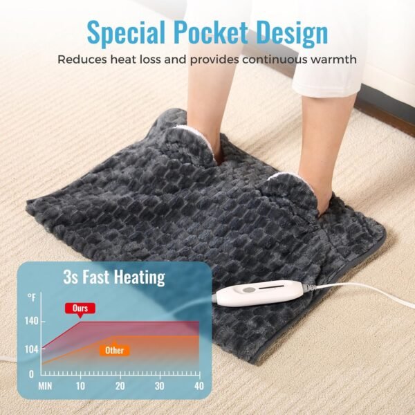 Electric Heated Foot Warmer Soft Flannel Foot Heater with 2h Auto Off & 3 Heat Levels Full Body Use Heating Pad for Feet, Abdomen, Cramps, Pain Relief Pocket Design 16" x 22" Dark Grey