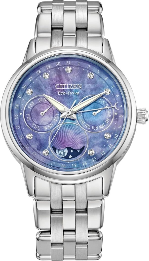 Citizen Women's Eco-Drive Calendrier, Moon Phase Diamond Accents Dial, Stainless Case and Bracelet Watch, Month/Day/Date
