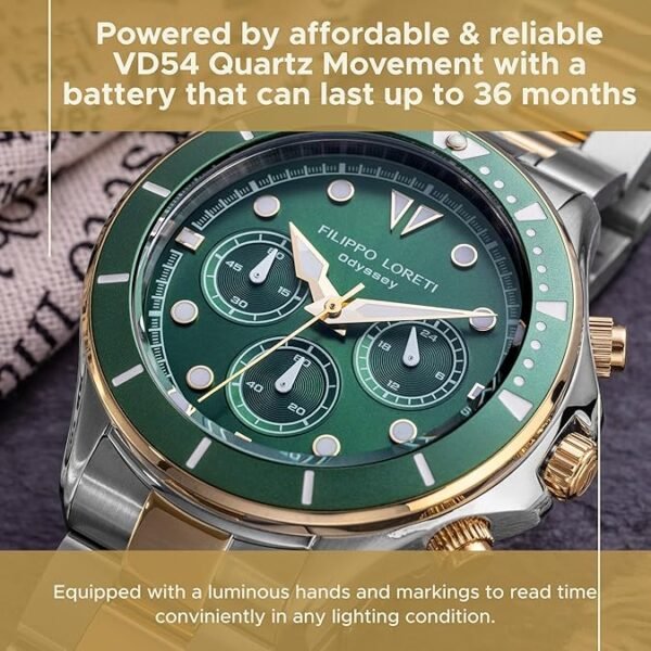 FILIPPO LORETI | Odyssey - Watches for Men, Men's Watch - Green Dial & Bezel, 42mm Two-Tone Silver/Gold SST Case & Bracelet, 100M Water Resistance - Chronograph