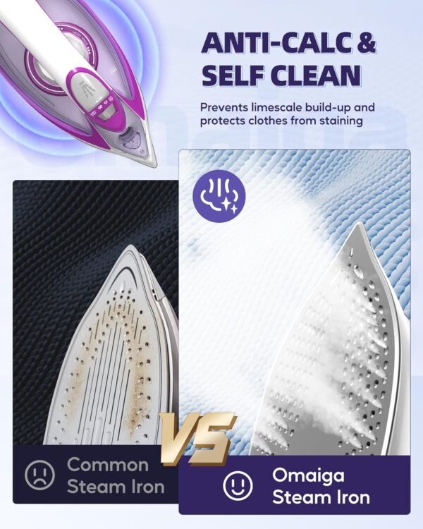 Steam Iron for Clothes, 1750W Iron with Rapid Heating, Non-Stick Ceramic Soleplate, Powerful Steam, Self-Cleaning, Auto-Off, Anti-Drip, 15.21oz Water Tank Ironing Clothes for Home, Purple
