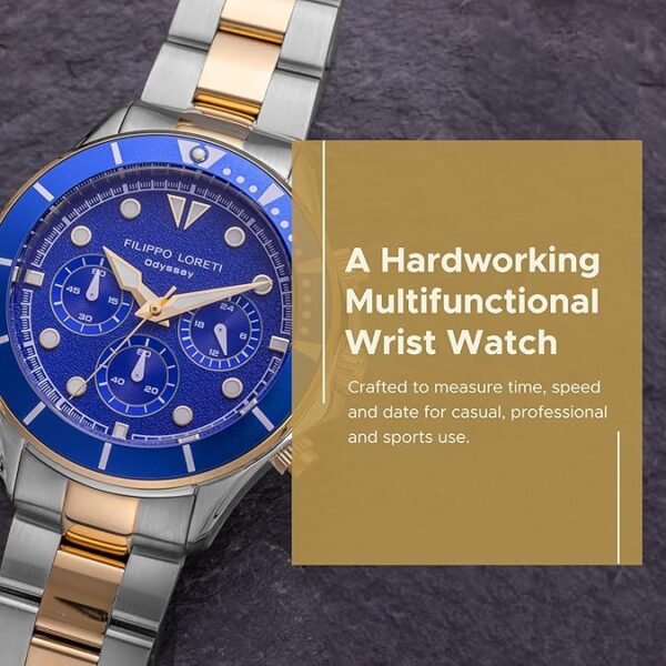 FILIPPO LORETI Odyssey - Wrist Watch Two Tone Gold Blue Dial Stainless Steel Link Bracelet 42 mm Wrist Watch for Men 100m Water Resistant Stainless Steel Case Japan Movement