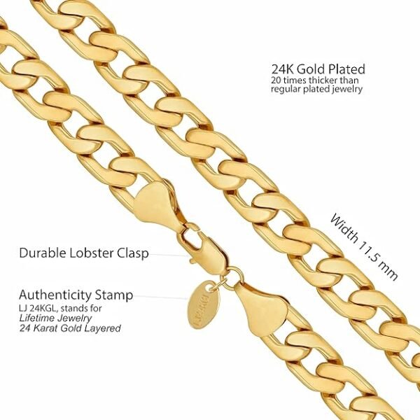 LIFETIME JEWELRY 11.5mm Flat Cuban Link Chain Necklace for Men 24k Real Gold Plated