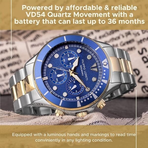 FILIPPO LORETI Odyssey - Wrist Watch Two Tone Gold Blue Dial Stainless Steel Link Bracelet 42 mm Wrist Watch for Men 100m Water Resistant Stainless Steel Case Japan Movement
