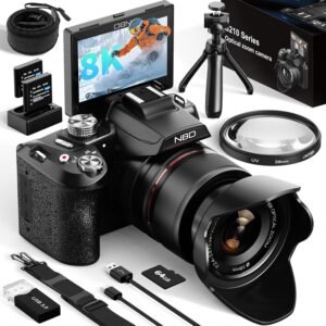 NBD 8K Digital Cameras for Photography,64MP Vlogging Cameras,16X Optical Zoom Travel Point and Shoot Digital Cameras Fotograficas with 180°Flip Screen,58mm Lens,2 Batteries,64GB Card (Black)