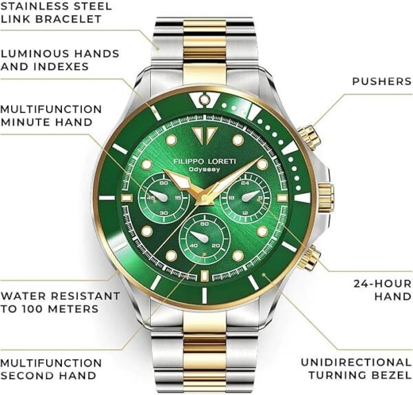 FILIPPO LORETI | Odyssey - Watches for Men, Men's Watch - Green Dial & Bezel, 42mm Two-Tone Silver/Gold SST Case & Bracelet, 100M Water Resistance - Chronograph
