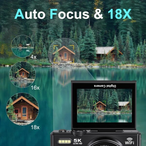 5K Digital Camera for Photography - 75MP WiFi Vlogging Camera for YouTube - UHD 18X Zoom Digital Cameras with Flip Screen 3" 180° - Travel Flash Camara for Beginners & Adults