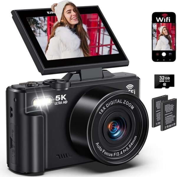 5K Digital Camera for Photography - 75MP WiFi Vlogging Camera for YouTube - UHD 18X Zoom Digital Cameras with Flip Screen 3" 180° - Travel Flash Camara for Beginners & Adults