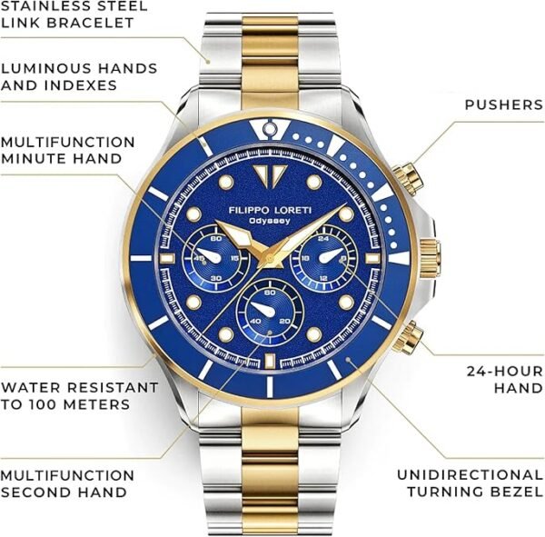 FILIPPO LORETI Odyssey - Wrist Watch Two Tone Gold Blue Dial Stainless Steel Link Bracelet 42 mm Wrist Watch for Men 100m Water Resistant Stainless Steel Case Japan Movement