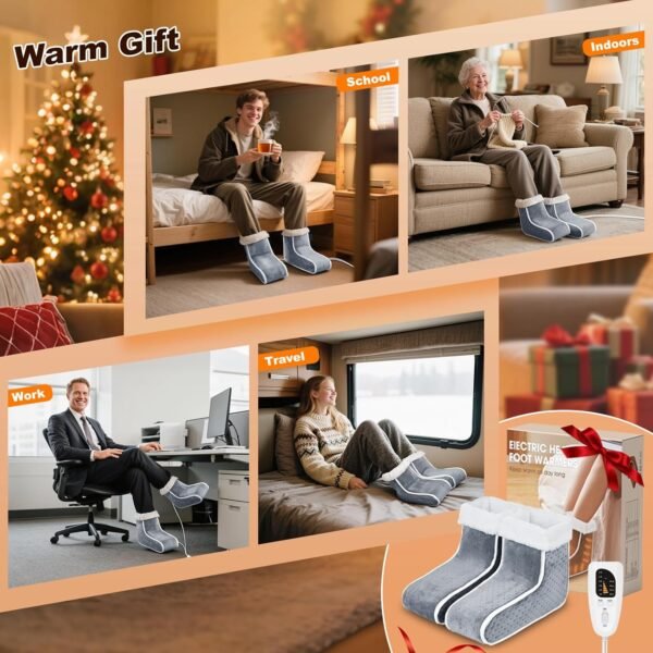 Split Electric Foot Warmer, Quick Heating Pad for Feet, 6-Level Heated Slippers for Men Women, Soft Heated Boots, Feet Warmer with Detachable Washable Liner for Home