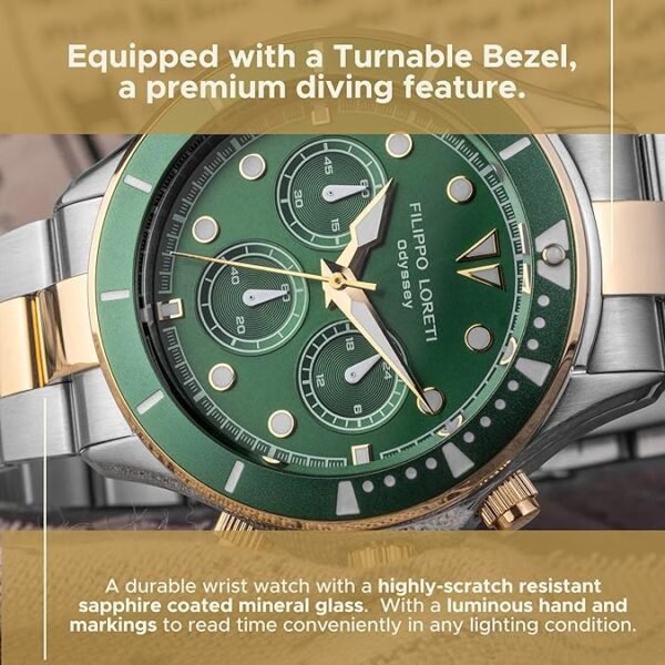 FILIPPO LORETI | Odyssey - Watches for Men, Men's Watch - Green Dial & Bezel, 42mm Two-Tone Silver/Gold SST Case & Bracelet, 100M Water Resistance - Chronograph