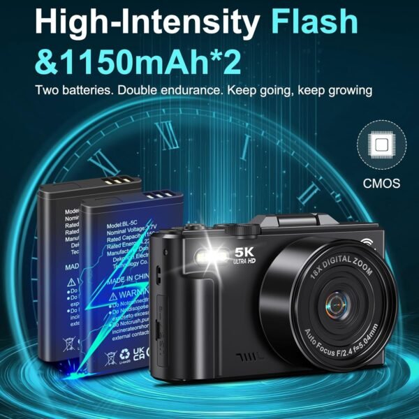 5K Digital Camera for Photography - 75MP WiFi Vlogging Camera for YouTube - UHD 18X Zoom Digital Cameras with Flip Screen 3" 180° - Travel Flash Camara for Beginners & Adults