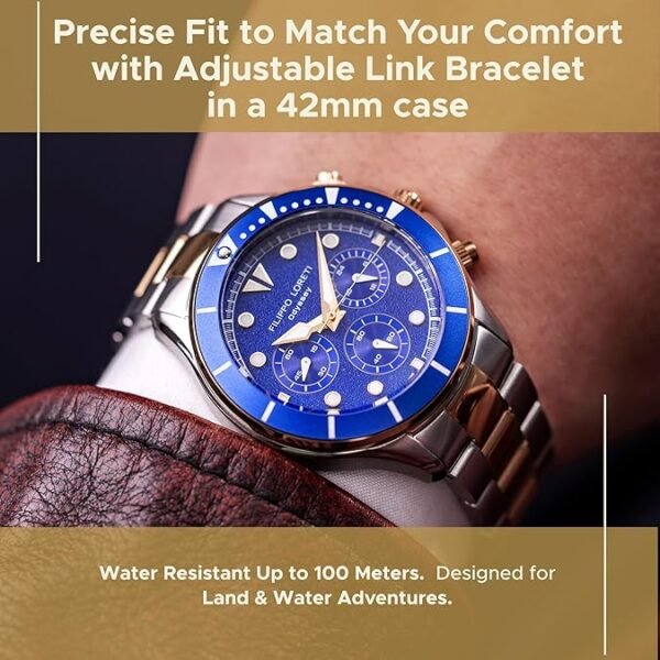 FILIPPO LORETI Odyssey - Wrist Watch Two Tone Gold Blue Dial Stainless Steel Link Bracelet 42 mm Wrist Watch for Men 100m Water Resistant Stainless Steel Case Japan Movement