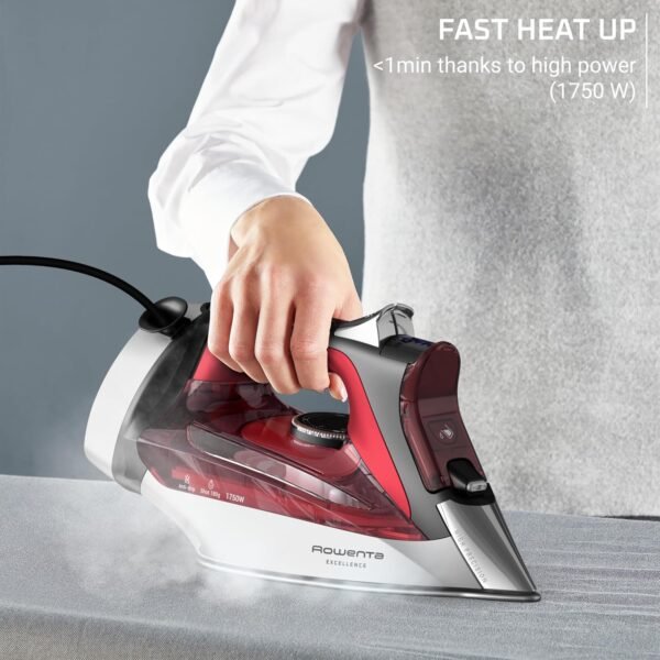 Rowenta Iron, Focus Excellence Stainless Steel Soleplate Steam Iron for Clothes, Retractable Cord, 400+ Microsteam Holes, Powerful steam, LED Display, 1750 W Ironing Clothes, Cordreel, Red
