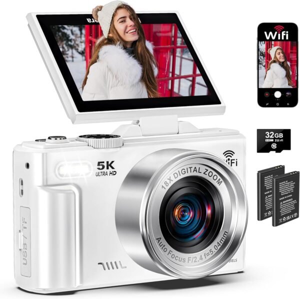 5K Digital Camera for Photography - 75MP WiFi Vlogging Camera for YouTube - UHD 18X Zoom Digital Cameras with Flip Screen 3" 180° - Travel Flash Camara for Beginners & Adults