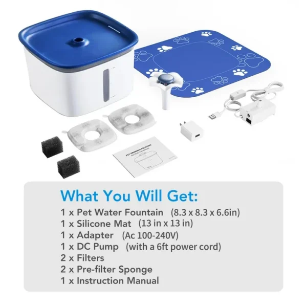 Ophanie 95oz/2.8L Pet Fountain with Anti-slip Mat & Replacement Filters, Automatic Cat Water Fountain Dog Water Dispenser, White & Blue