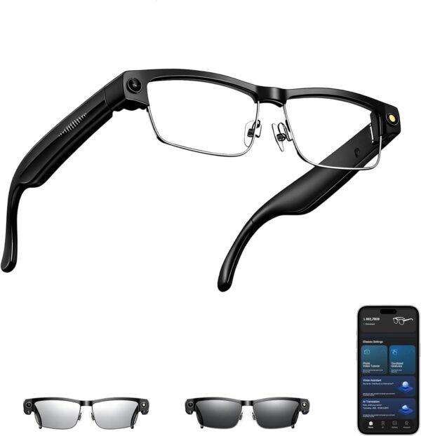 AI Smart Glasses with Camera, 8MP HD Video Recording, Real-Time Translation, Voice Assistant, Open-Ear Audio, Metal Frame, Auto Color-Changing Lenses for Travel & Vlogging
