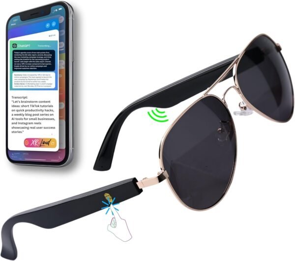 AI Smart Bluetooth Glasses for Men Women 50+ Languages with ChatGPT Transcription, 99% Accuracy, Speakers New 5.3 Android Siri Touch and Voice Assistant, 120H SB, Aviator