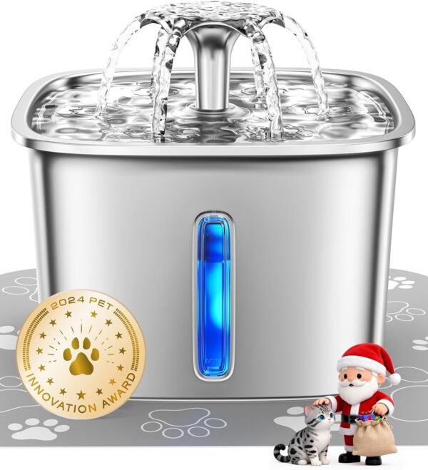 Innovation Award Winner Stainless Steel Cat Water Fountain, 95oz/2.8L Automatic Pet Fountain Dog Water Dispenser with Replacement Filters & Silicone Mat, Gifts for Christmas, Cats, Dogs (Silver)