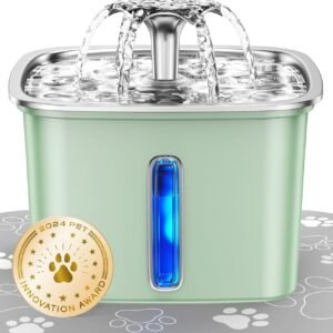 Innovation Award Winner Stainless Steel Cat Water Fountain, 95oz/2.8L Automatic Pet Fountain Dog Water Dispenser with Replacement Filters & Silicone Mat for Cats, Dogs, Multiple Pets (Tea Green)