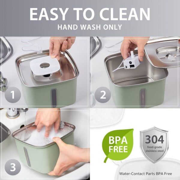 Innovation Award Winner Stainless Steel Cat Water Fountain, 95oz/2.8L Automatic Pet Fountain Dog Water Dispenser with Replacement Filters & Silicone Mat for Cats, Dogs, Multiple Pets (Tea Green)