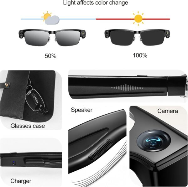 AI Smart Glasses with Camera, 8MP HD Video Recording, Real-Time Translation, Voice Assistant, Open-Ear Audio, Metal Frame, Auto Color-Changing Lenses for Travel & Vlogging