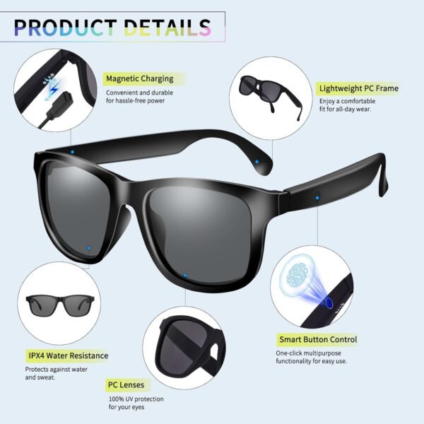 Smart Glasses for Men & Women,Bluetooth Glasses with Open Ear Sound Mic & Speakers, Intelligent Touch,Magnetic Charging,Indoor/Outdoor UV Protection and Voice Assistant (Black Lens)