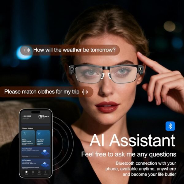 AI Smart Glasses with Camera, 8MP HD Video Recording, Real-Time Translation, Voice Assistant, Open-Ear Audio, Metal Frame, Auto Color-Changing Lenses for Travel & Vlogging
