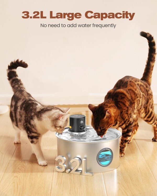 Cat Water Fountain Wireless Cordless: Cat Fountain Battery Operated - Stainless Steel Pet Water Fountain Rechargeable - 108oz/3.2L Automatic Cats Fountains for Drinking with Motion Sensor - Cats & Dog