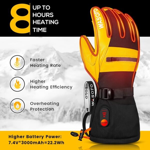 Heated Gloves for Men Women 7.4V Battery 22.2WH Electric Rechargeable Heated Ski Gloves Waterproof Durable Leather Work Gloves for Camping Hunting Fishing Snowboarding Hiking Raynaud