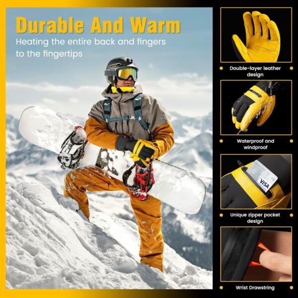 Heated Gloves for Men Women 7.4V Battery 22.2WH Electric Rechargeable Heated Ski Gloves Waterproof Durable Leather Work Gloves for Camping Hunting Fishing Snowboarding Hiking Raynaud