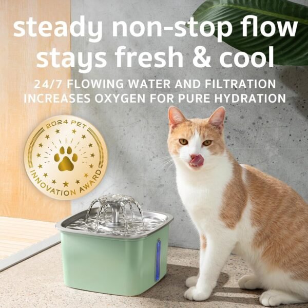 Innovation Award Winner Stainless Steel Cat Water Fountain, 95oz/2.8L Automatic Pet Fountain Dog Water Dispenser with Replacement Filters & Silicone Mat for Cats, Dogs, Multiple Pets (Tea Green)