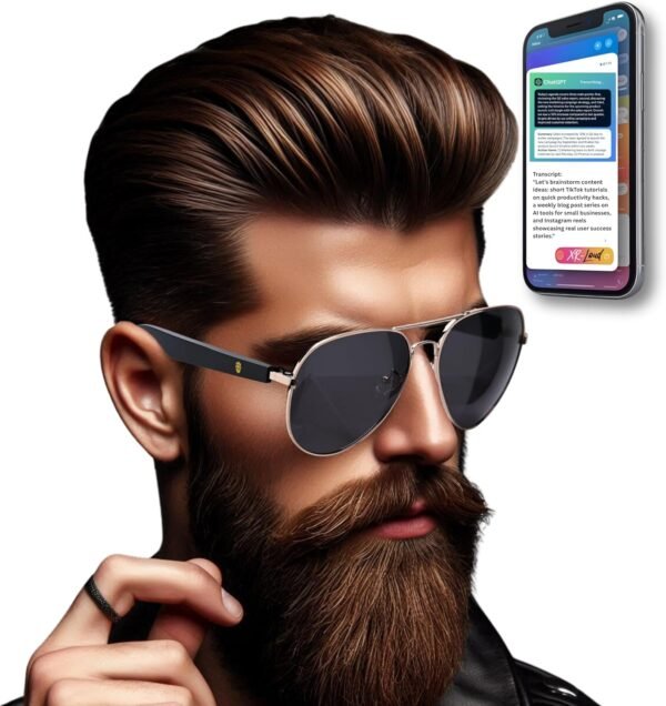 AI Smart Bluetooth Glasses for Men Women 50+ Languages with ChatGPT Transcription, 99% Accuracy, Speakers New 5.3 Android Siri Touch and Voice Assistant, 120H SB, Aviator