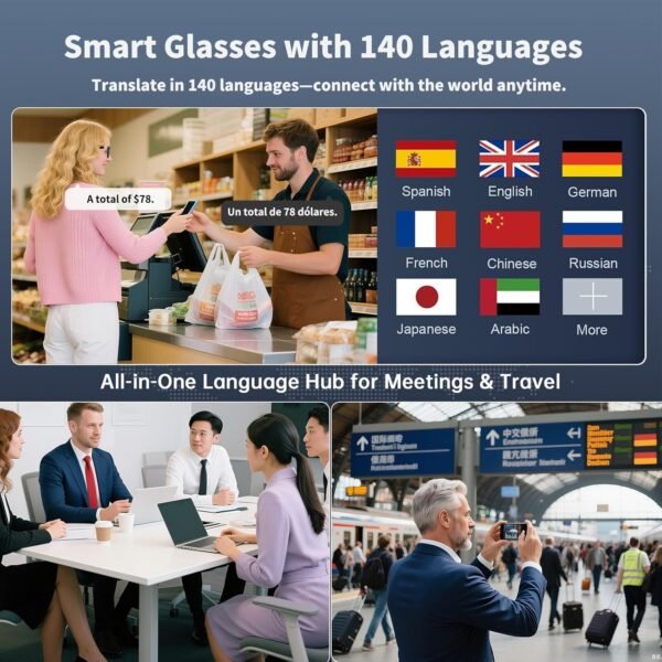 Smart Bluetooth Glasses with AI Translation, 164 Languages Translator, with Speaker,Photochromic Lenses, TR90 Frame, 5H Battery Life, Open-Ear Audio for Men & Women, Driving,Travel&Work