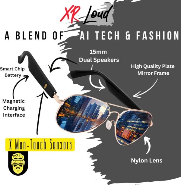 AI Smart Bluetooth Glasses for Men Women 50+ Languages with ChatGPT Transcription, 99% Accuracy, Speakers New 5.3 Android Siri Touch and Voice Assistant, 120H SB, Aviator