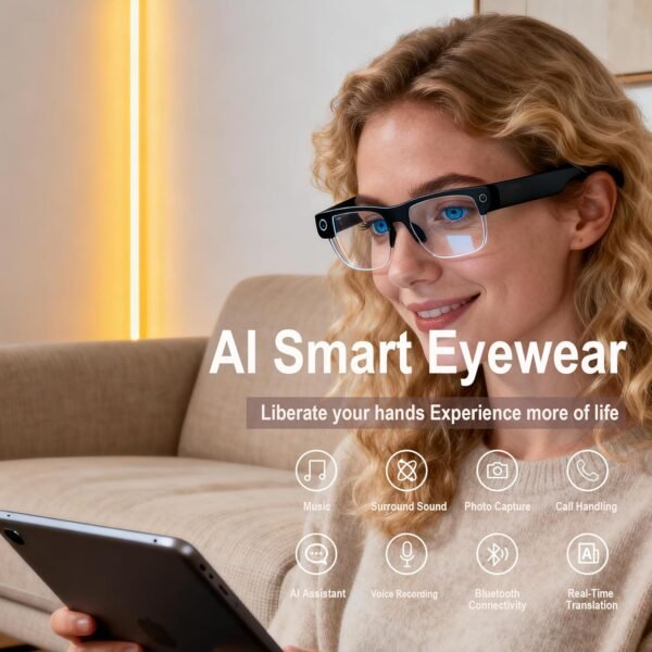 AI Smart Glasses with Camera, 8MP HD Video Recording, Real-Time Translation, Voice Assistant, Open-Ear Audio, Metal Frame, Auto Color-Changing Lenses for Travel & Vlogging