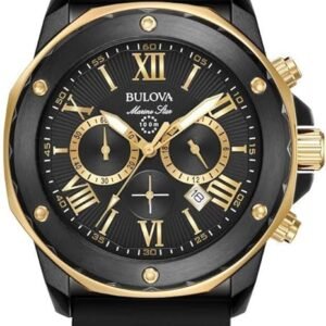 Bulova Men's Marine Star Series A Black and Rose Gold Ion-Plated Stainless Steel 6-Hand Chronograph Quartz Watch, Black Silicone Strap Style
