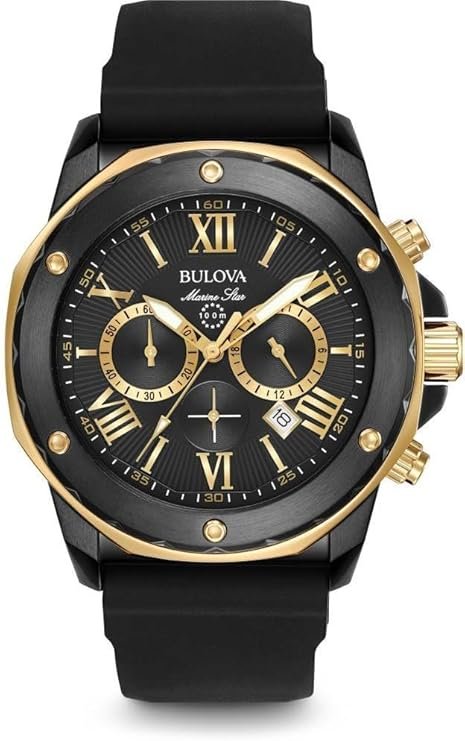 Bulova Men's Marine Star Series A Black and Rose Gold Ion-Plated Stainless Steel 6-Hand Chronograph Quartz Watch, Black Silicone Strap Style