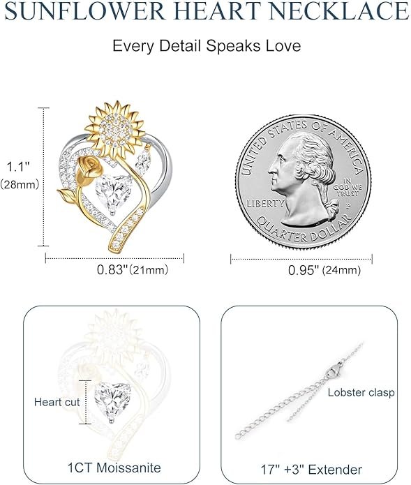 61JSW3AnvvL._AC_SY695_ Silver Moissanite Necklaces for Women, Anniversary Birthday Gifts for Wife Mom Her, Christmas Jewelry Gifts for Her, Moissanite Heart Pendant, Sunflower Heart Necklace