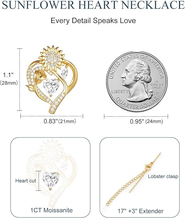 61NzaW7qN6L._AC_SY695_ Silver Moissanite Necklaces for Women, Anniversary Birthday Gifts for Wife Mom Her, Christmas Jewelry Gifts for Her, Moissanite Heart Pendant, Sunflower Heart Necklace