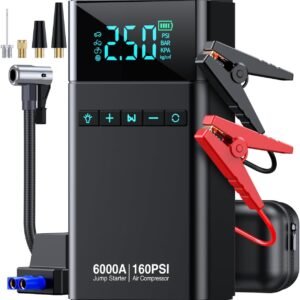 10-in-1 Portable Car Battery Jump Starter with Air Compressor, 6000A 160PSI Portable Car Jumper Starter (All Gas 12L Diesel), 12V Jump Box Car Battery Jump Starter with Jumper Cables, Lights