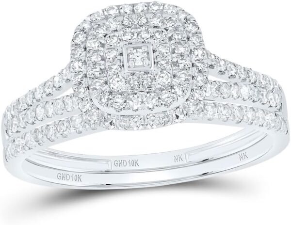 Jewels By Lux 10kt White Gold 1/2 Cttw Diamond Cushion Double Halo Wedding Engagement Anniversary Bridal Set, Women Size: 5-9