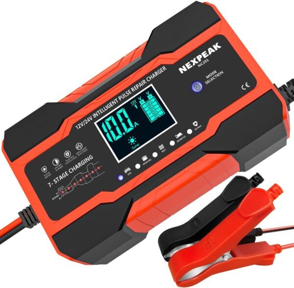 NC201 10-Amp Battery Charger, Smart Trickle Charger 12V 24V Car Battery Charger Fully Automatic Maintainer Desulfator w/Temp Compensation for Car Truck Lawn Mower Boat Marine Batteries