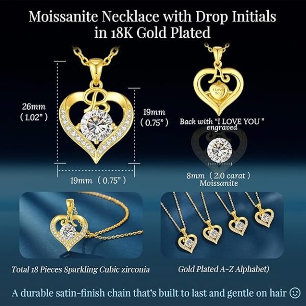 18K Gold Plated Initial Love Heart 2 Carat Moissanite Necklaces for Women 925 Sterling Silver Jewelry Christmas Anniversary Birthday Present Gifts for Wife Lady Girlfriend Her