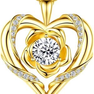 Rose Flower Heart Moissanite Necklaces for Wife, S925 Silver Pendant for Women, 18K Gold Plated Jewelry for Her Girlfriend Mom for Anniversary Birthday
